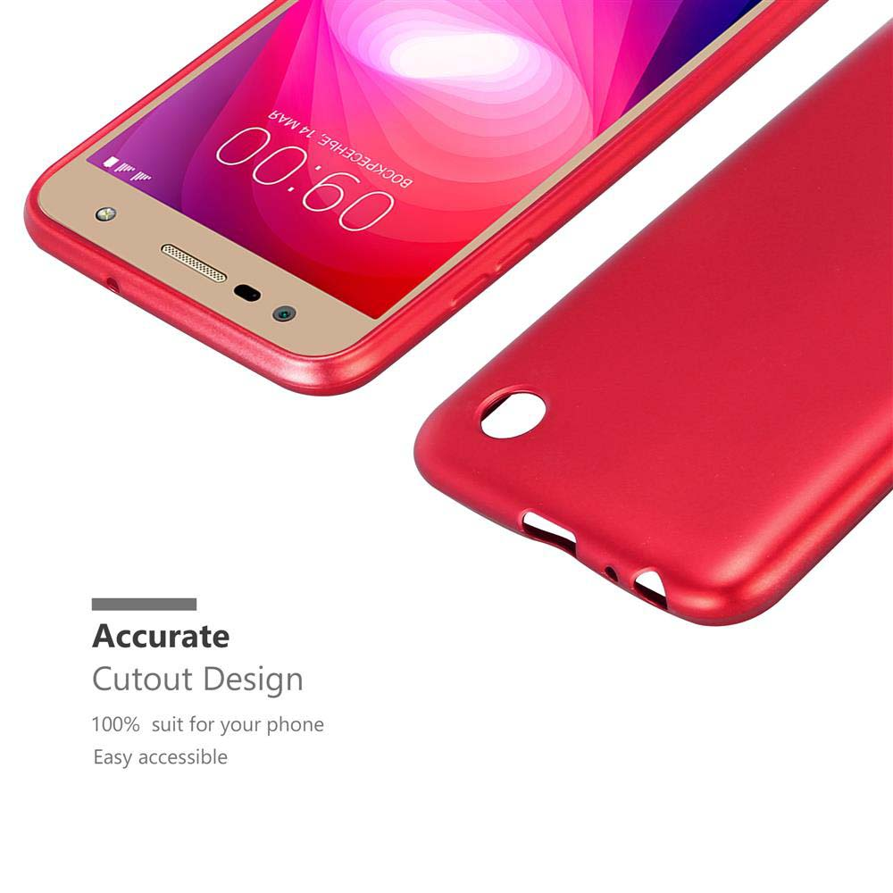 Rote Handyhülle mit einem Telefon darin. Die Hülle hat Aussparungen für Kamera und Anschlüsse.