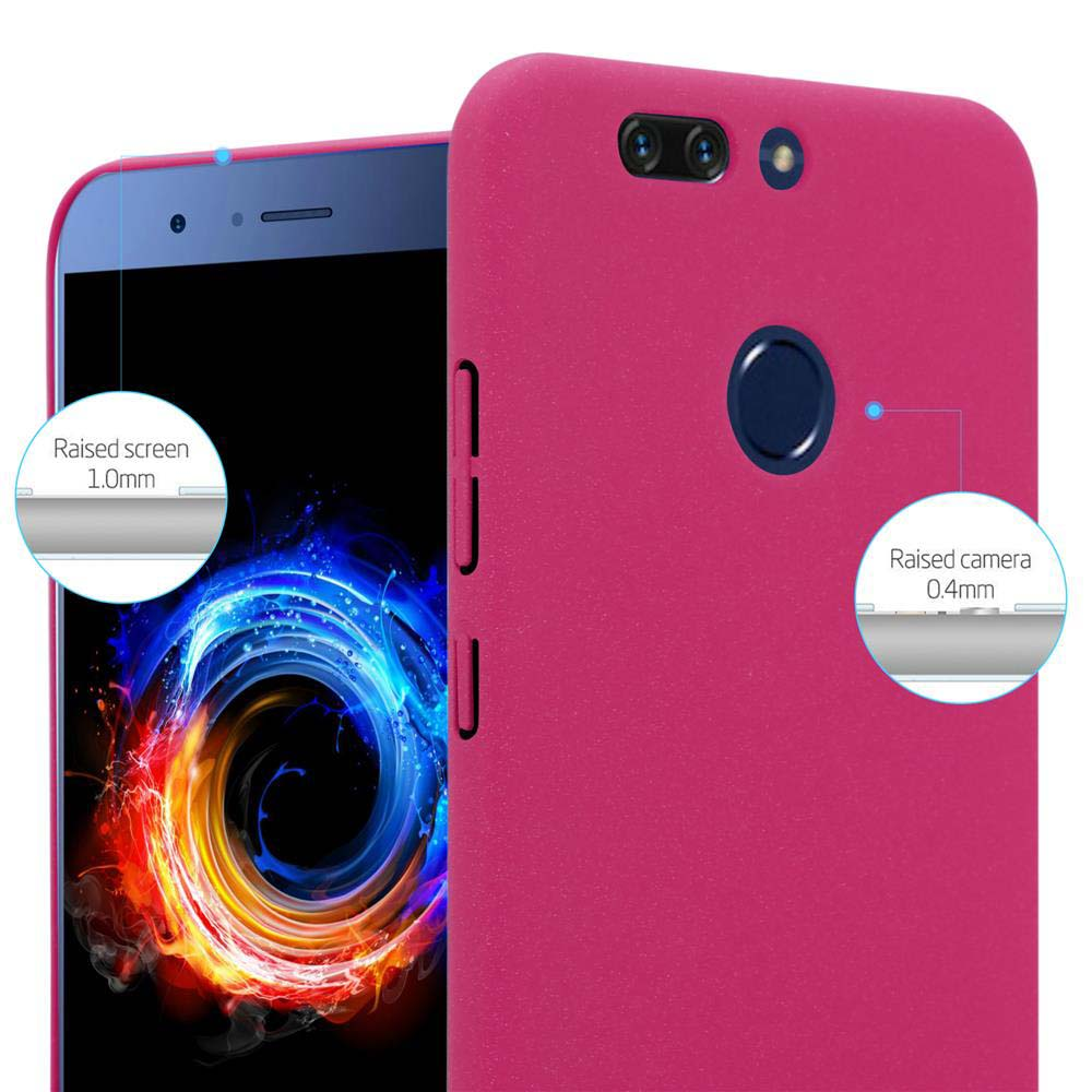 Custodia per telefono rosa, che mostra le misurazioni della protezione della fotocamera e dello schermo. Sfondo bianco.