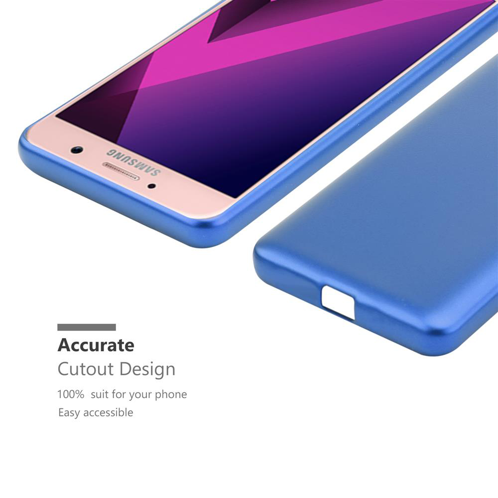 Telefono con custodia blu, che mostra il testo Accurate Cutout Design.