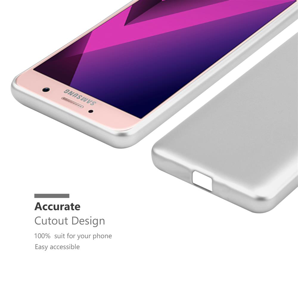 Custodia argentata con telefono rosa e schermo che mostra l'ora.