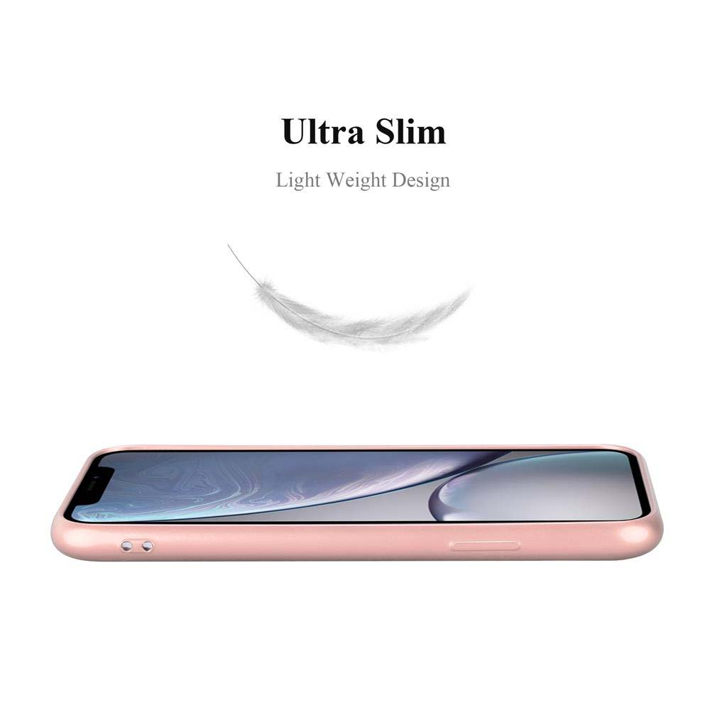 Telefon in einem Case, Feder in der Luft. Weißer Hintergrund. Ultra Slim, Light Weight Design.