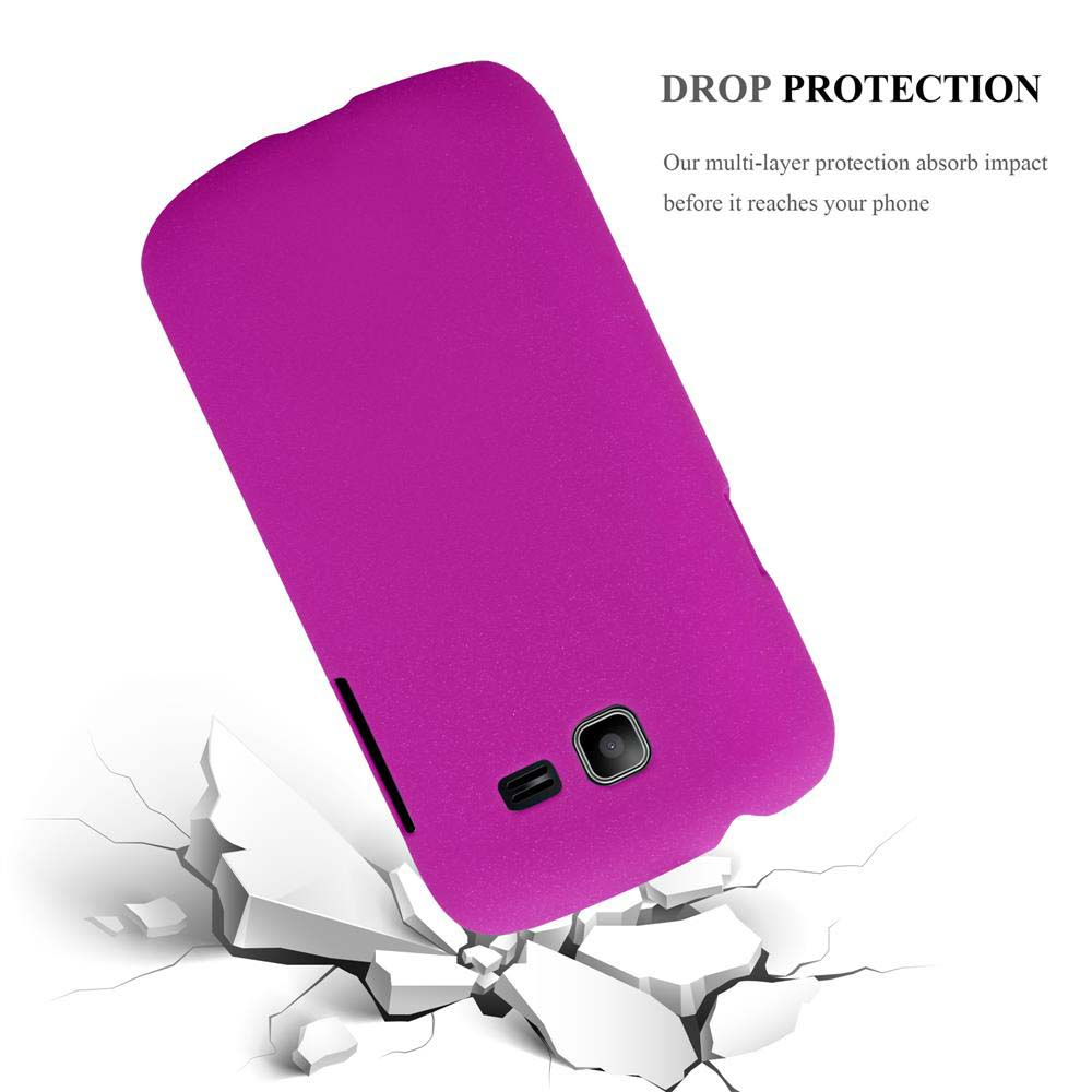 Étui de téléphone violet avec fond blanc. L'étui est cassé.