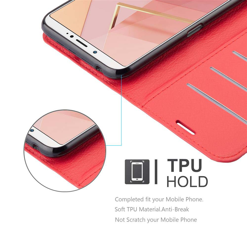 Custodia rossa aperta, telefono all'interno. Testo TPU HOLD. Sfondo bianco con diagramma.