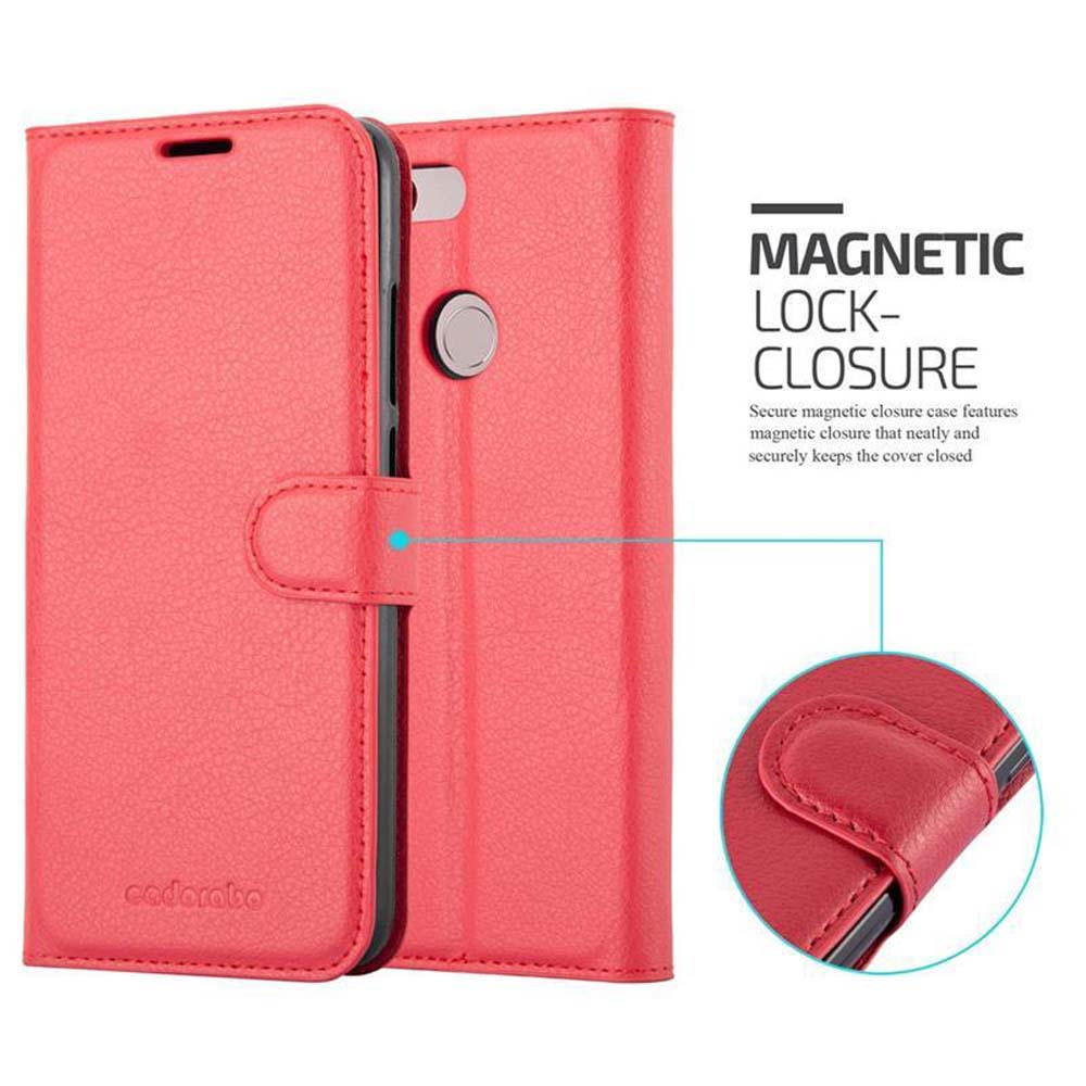 Custodia rossa con chiusura magnetica. Testo: Mantiene la cover chiusa.