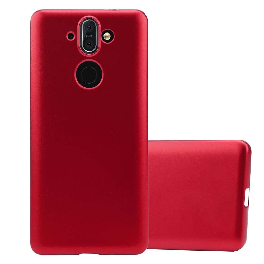 Custodia rossa con fotocamera e telefono. La custodia è a destra.