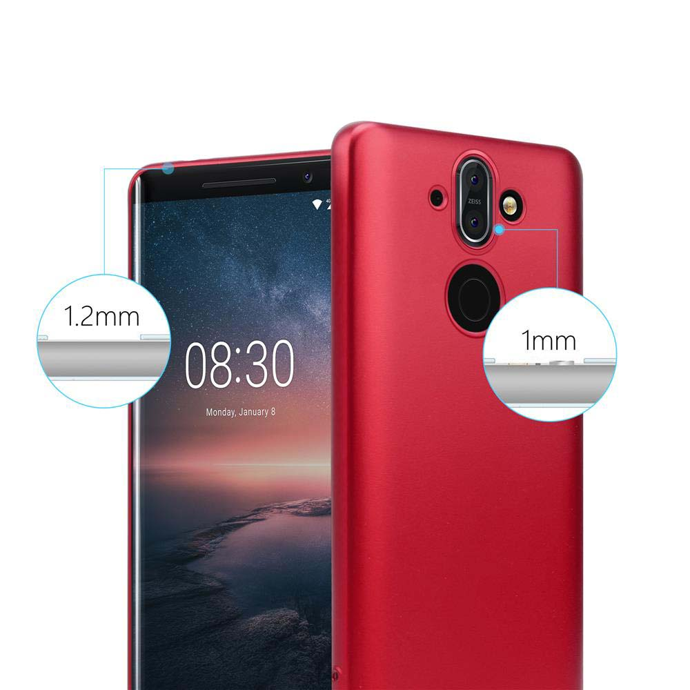 Custodia rossa con un telefono. Il telefono a sinistra, la custodia a destra. Vista da vicino.