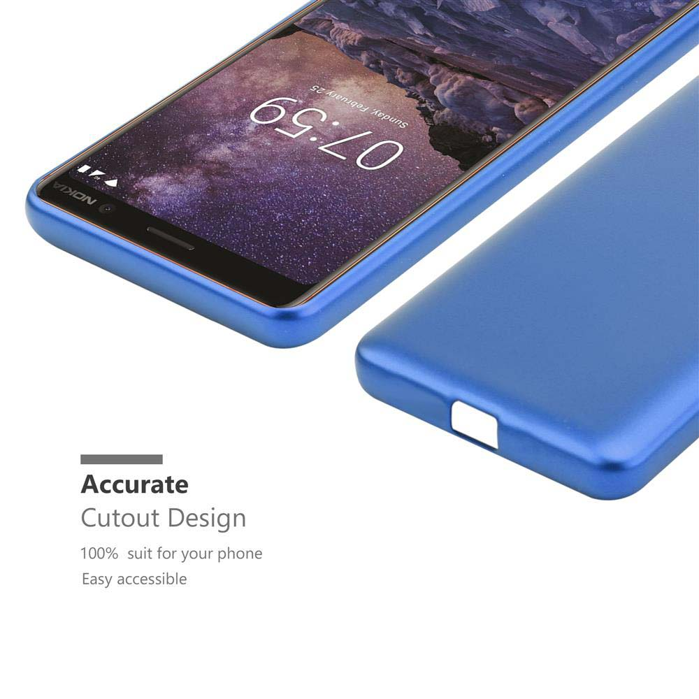Eine blaue Handyhülle auf weißem Hintergrund mit einem Telefon. Die Hülle hat ein präzises Ausschnittdesign.