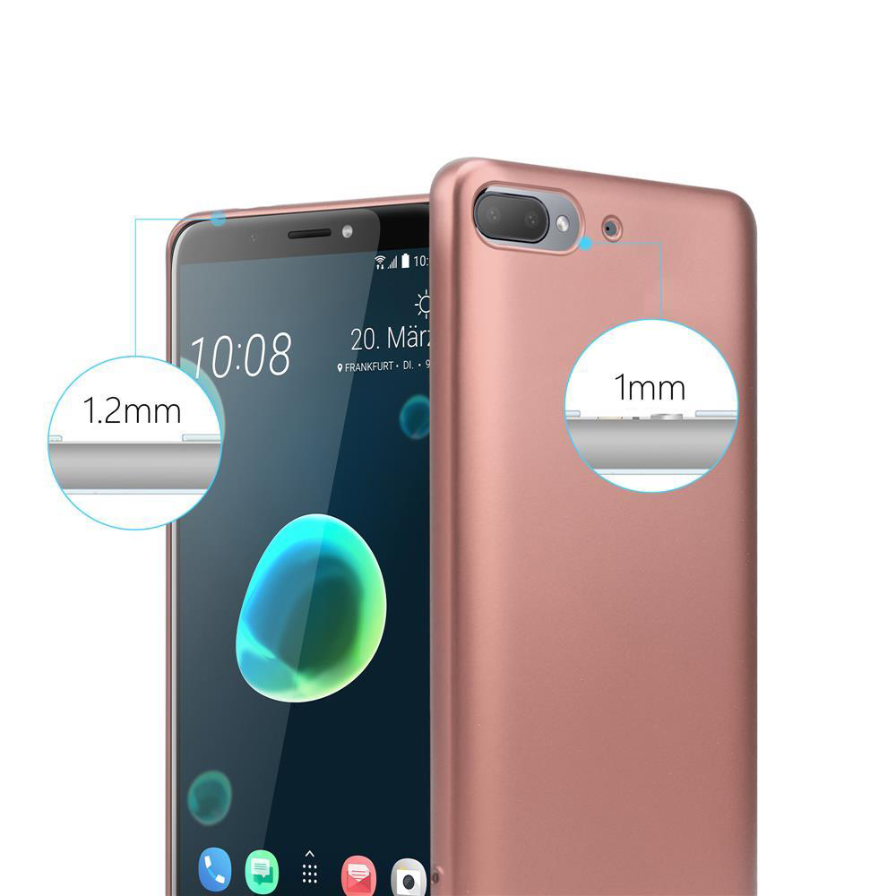 Un telefono oro rosa con custodia. Lo schermo mostra l'ora e alcune icone. Le misure sono mostrate a sinistra.