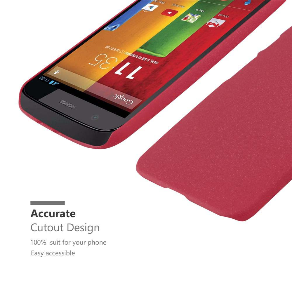 Rote Handyhülle mit Telefon darin. Text: Präzises Ausschnitt-Design.