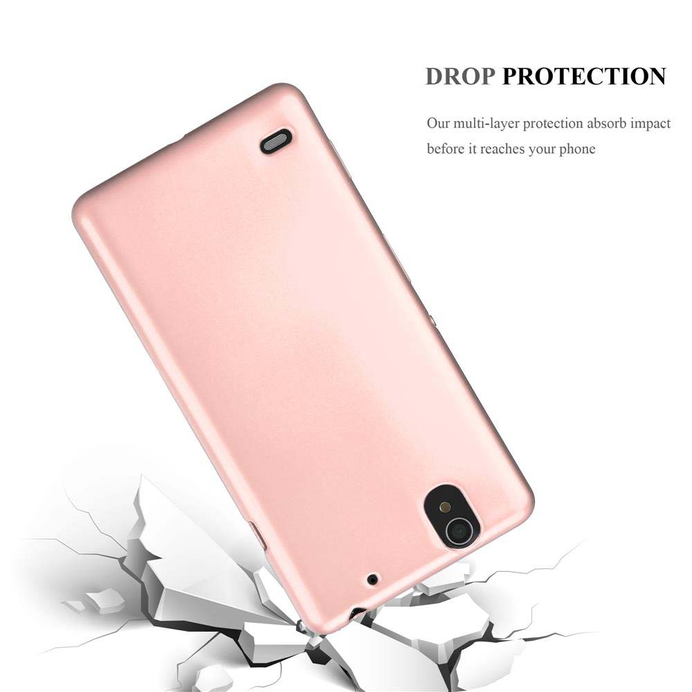 Funda rosa sobre concreto roto, con superposición de texto.