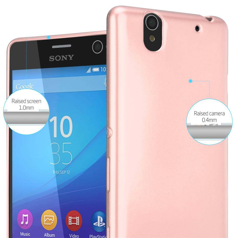 Teléfono rosa con funda, mostrando pantalla con iconos y texto sobre pantalla elevada.