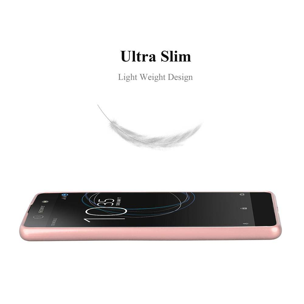 Un teléfono rosa con un gráfico de pluma, que muestra el diseño ultra delgado y ligero.