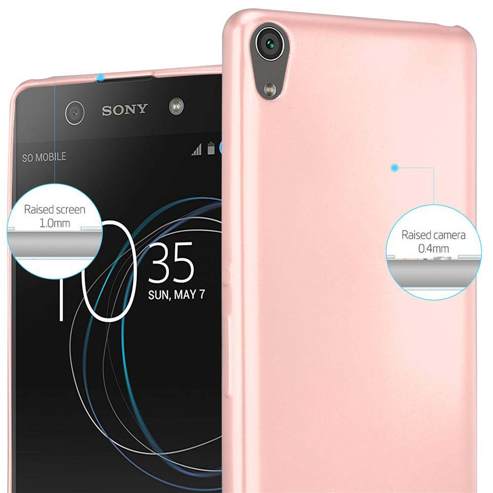 Teléfono rosa con funda rosa. La funda tiene la pantalla y la cámara elevadas, y el teléfono está sobre una superficie blanca.
