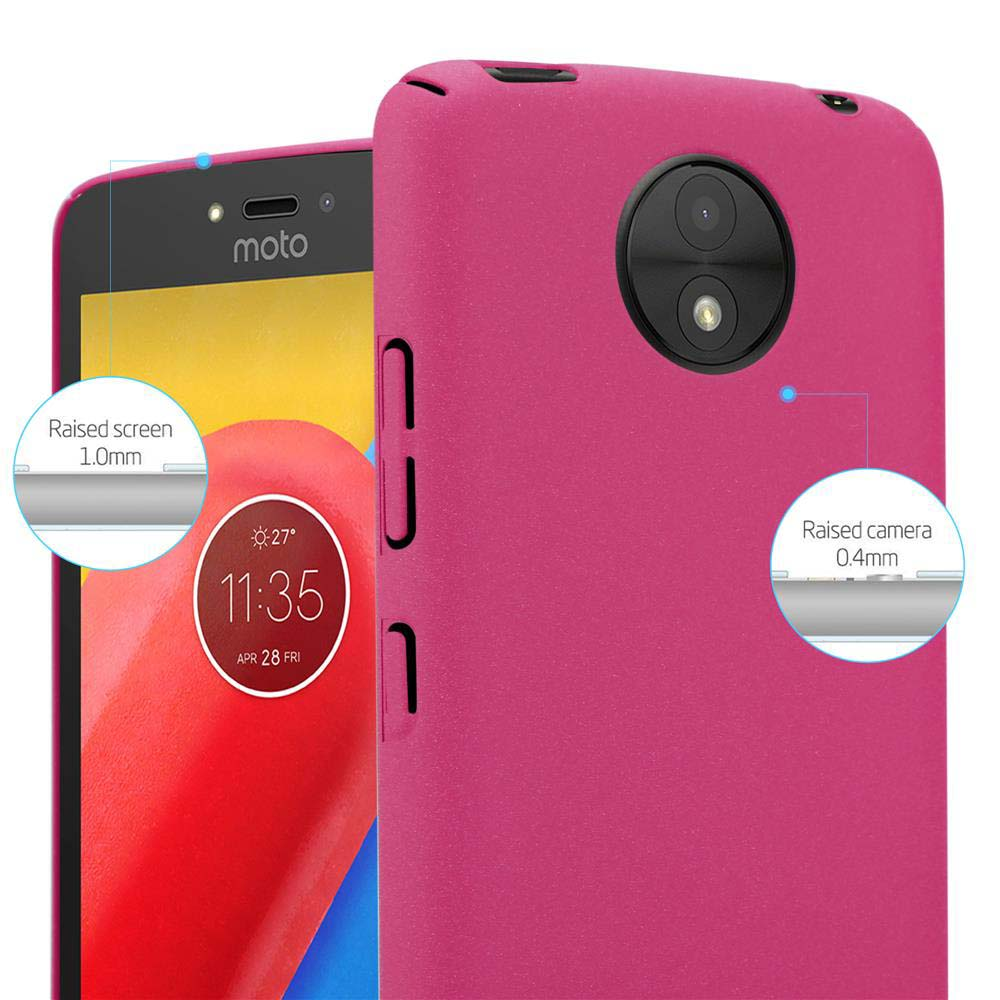 Custodia per telefono rosa con schermo e fotocamera rialzati. Mostra l'ora. Logo Moto visibile.