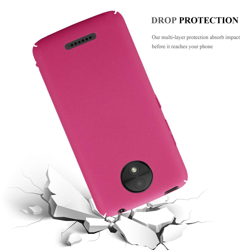 Custodia per telefono rosa che rompe il cemento. Testo: Protezione dalle cadute. La protezione multistrato assorbe l'impatto.