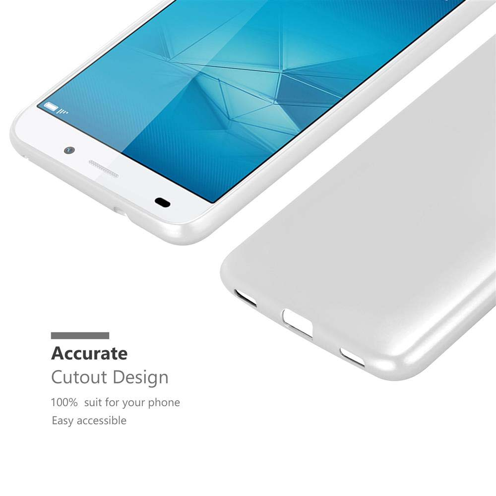 Weißes Telefon mit weißer Hülle. Text: Präzises Ausschnittdesign, 100% passend für Ihr Telefon.