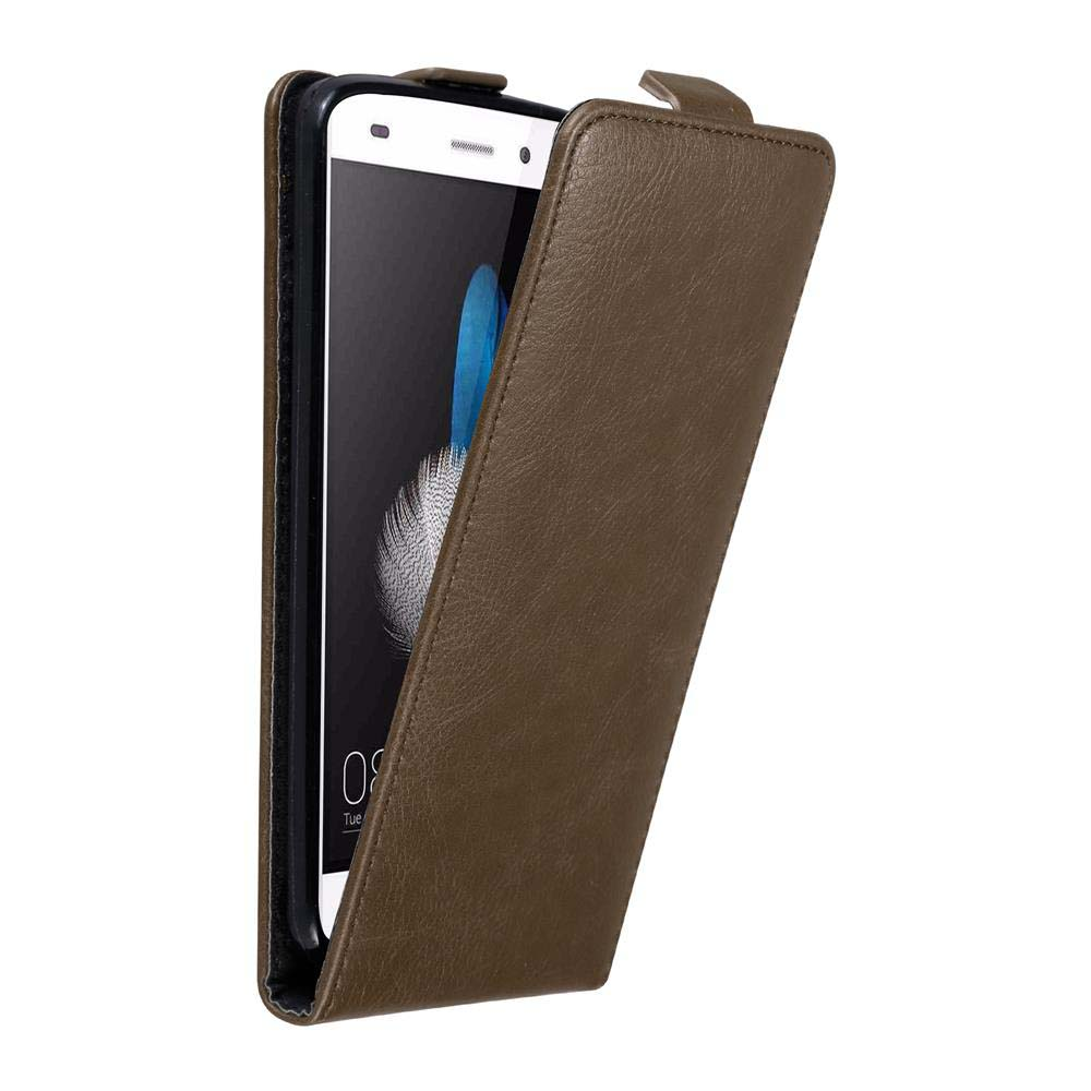 Una funda de teléfono de cuero marrón abierta para revelar un teléfono. La pantalla muestra una imagen azul y blanca.