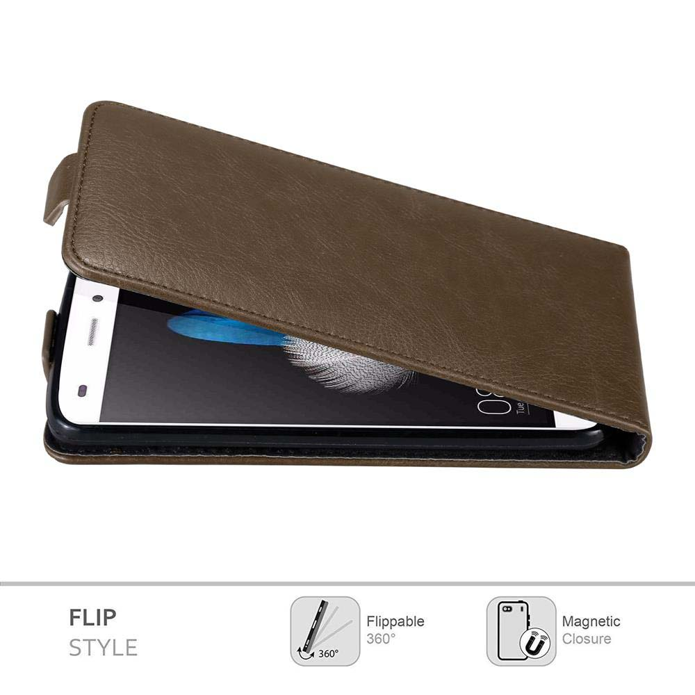 Funda de teléfono tipo flip marrón abierta, con teléfono visible e iconos mostrados.