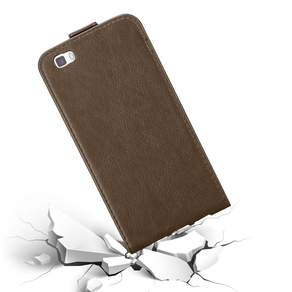 Una funda de cuero marrón. La funda está abierta, mostrando un teléfono, sobre una superficie.