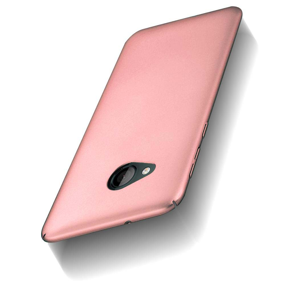 Custodia per telefono rosa con foro per la fotocamera. Ha una finitura lucida ed è angolata su una superficie bianca.