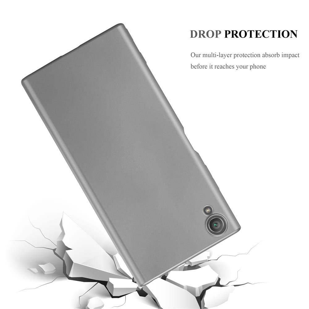 Eine graue Handyhülle fällt und reißt den Boden darunter auf. Text: 'DROP PROTECTION'.