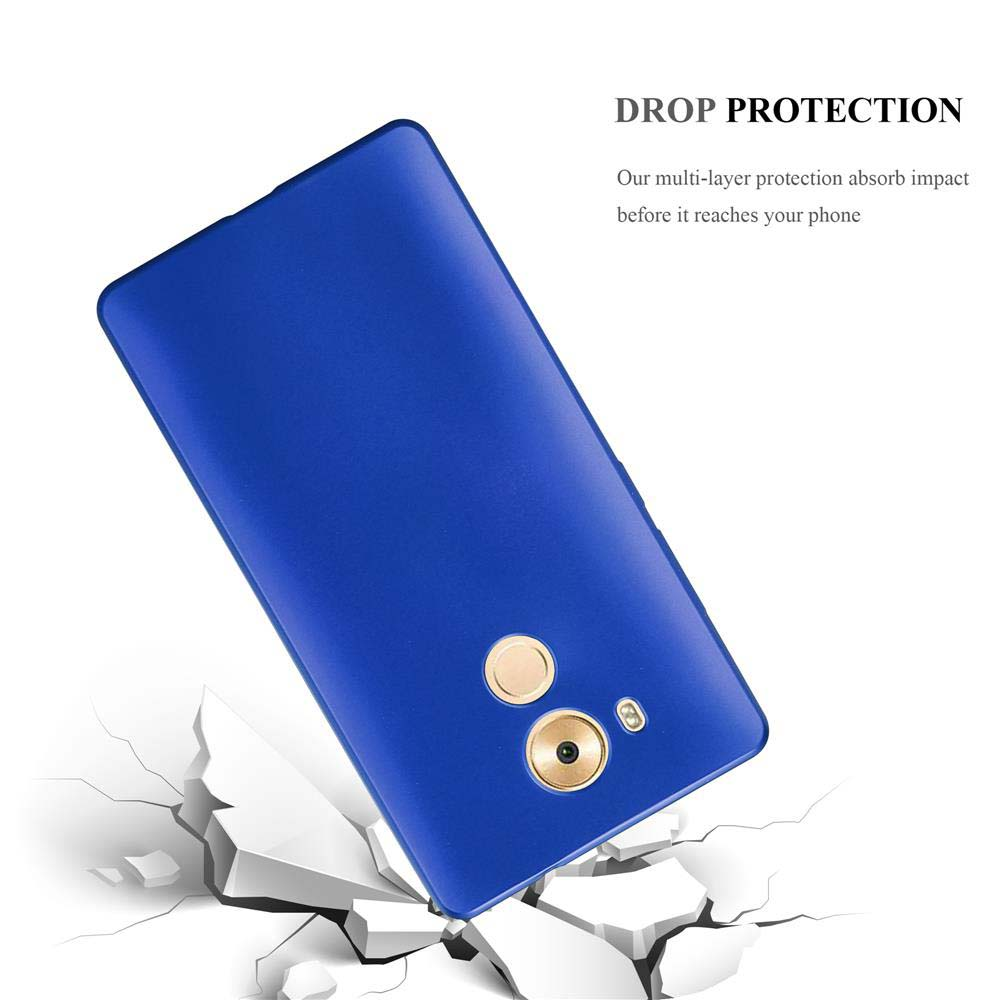 Funda de teléfono azul en ángulo, con una superficie agrietada debajo. El teléfono tiene una cámara y dos círculos.