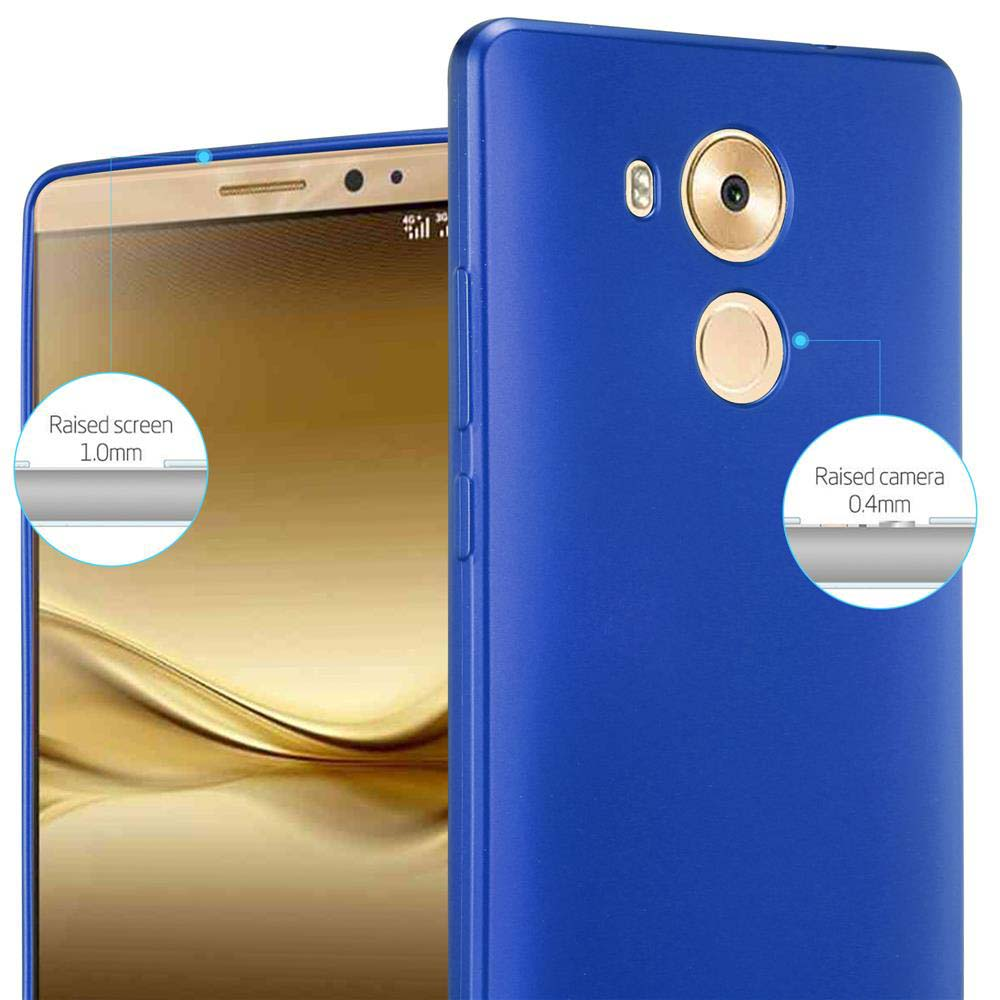 Funda azul para teléfono con cámara y pantalla elevadas. Los detalles de la funda y el teléfono se muestran en la imagen.