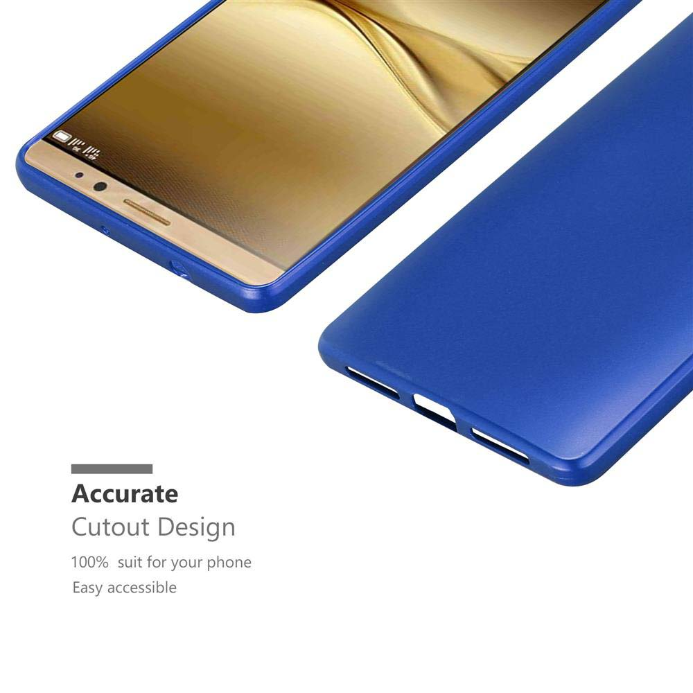 Funda de teléfono azul, mostrando el lateral y la parte trasera. El diseño es preciso. La pantalla del teléfono es visible.