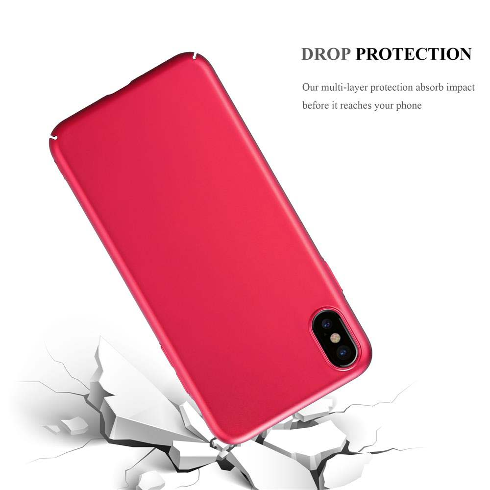 Rote Handyhülle wird von einer Kraft getroffen, die die Oberfläche darunter aufbricht. Es ist mit 'Drop Protection' beschriftet.