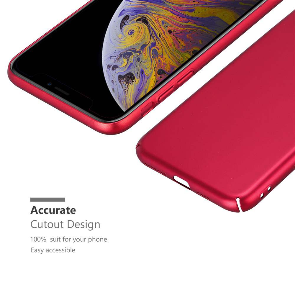 Zwei Teile des Telefons, ein roter Rahmen und eine rote Rückseite. Text lautet: Präzises Ausschnittdesign, 100% passend für Ihr Telefon.