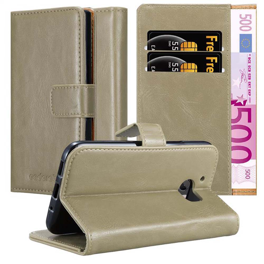 Custodia in pelle beige, aperta, rivela telefono e carte. Chiusura magnetica.