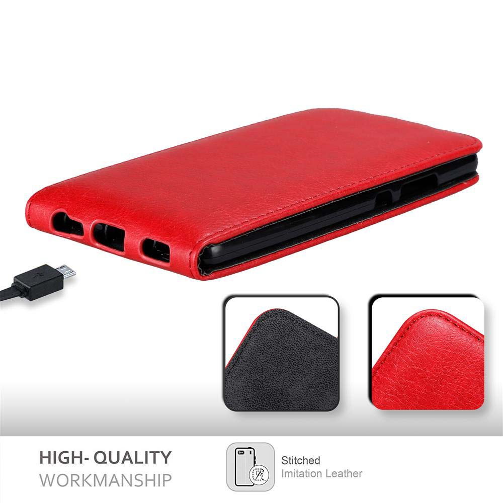Funda roja para teléfono que muestra el puerto de carga y detalles de costura. Texto: Mano de obra de alta calidad.