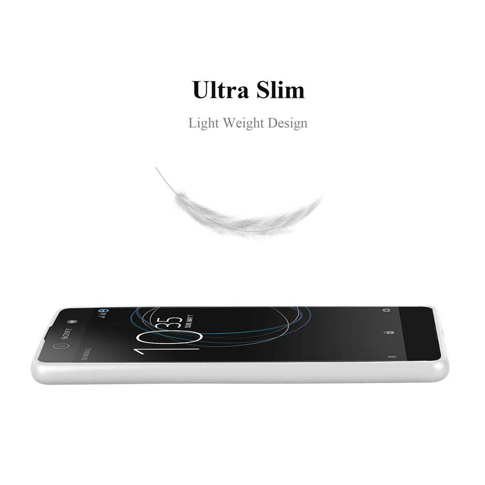 Un teléfono blanco sobre una superficie. Una pluma flota arriba, el diseño es ultra delgado.