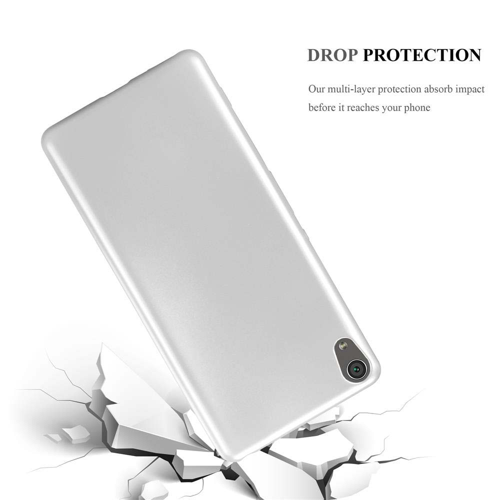 Imagen muestra una funda de teléfono blanca cayendo sobre una superficie, destacando la protección contra caídas.