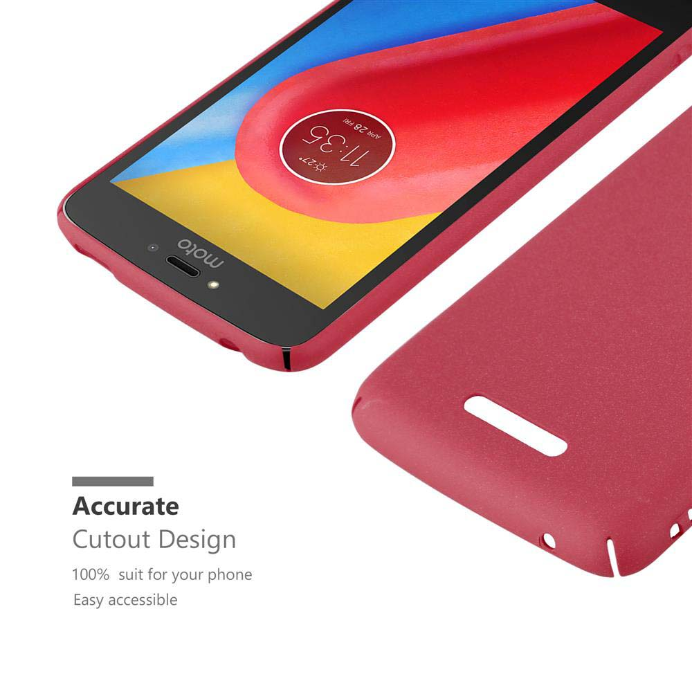 Un telefono rosso con una custodia. Il design ritagliato è mostrato, con lo schermo visibile. Il testo dice design ritagliato accurato.