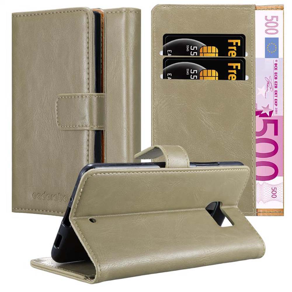 Portafoglio per telefono in pelle beige con carte e contanti. Sfondo bianco.