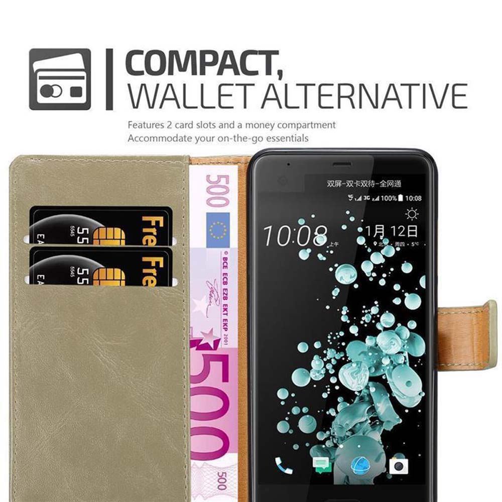 Un telefono all'interno di una custodia a portafoglio, con carte e denaro visibili, portafoglio compatto.