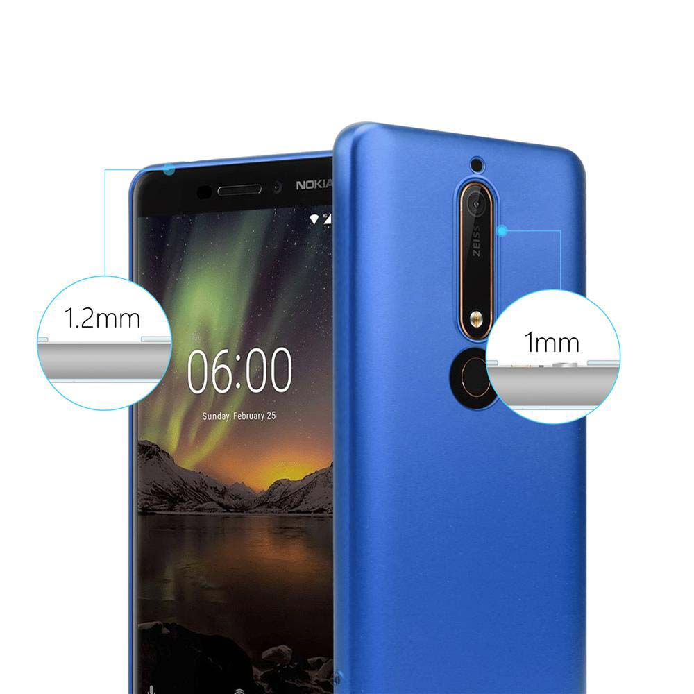 Blaue Handyhülle auf einem Telefon. Text: 1,2 mm erhöhter Bildschirm, 1 mm erhöhte Kamera. Telefon zeigt die Uhrzeit.