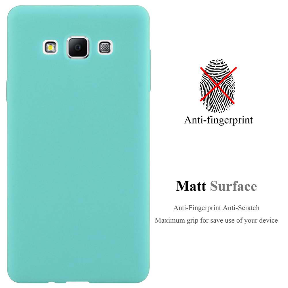 Eine teal Handyhülle. Text: Anti-Fingerabdruck, matte Oberfläche. Weißer Hintergrund.