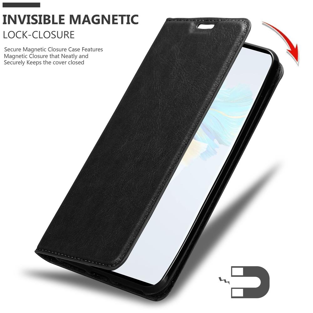 L'immagine mostra una custodia per telefono nera con chiusura magnetica, evidenziando la funzione di blocco.