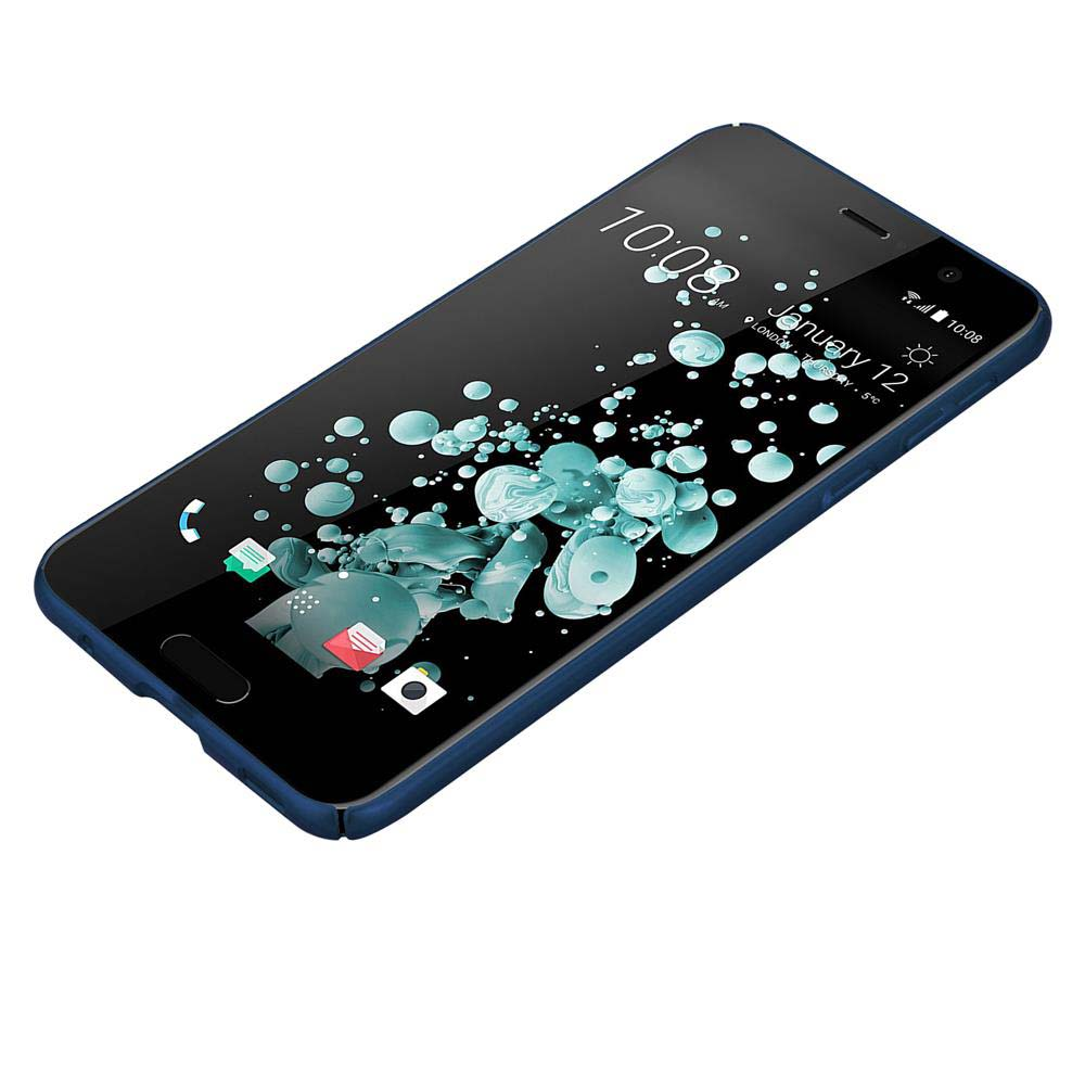 Uno smartphone con bordo blu, che mostra uno schermo del telefono con icone delle app e ora. Il telefono è su una superficie bianca.