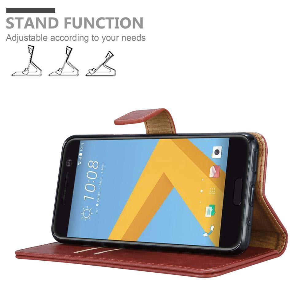 Telefon in brauner Hülle, die aufrecht steht. Text oben weist auf die Standfunktion hin.
