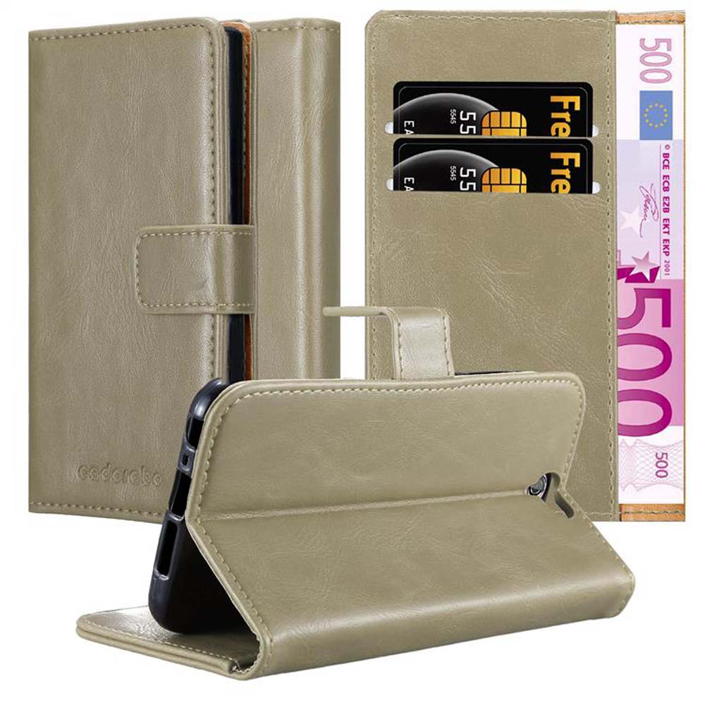 Teléfono en funda marrón con ranuras para tarjetas. Billete de 500 euros a la derecha.