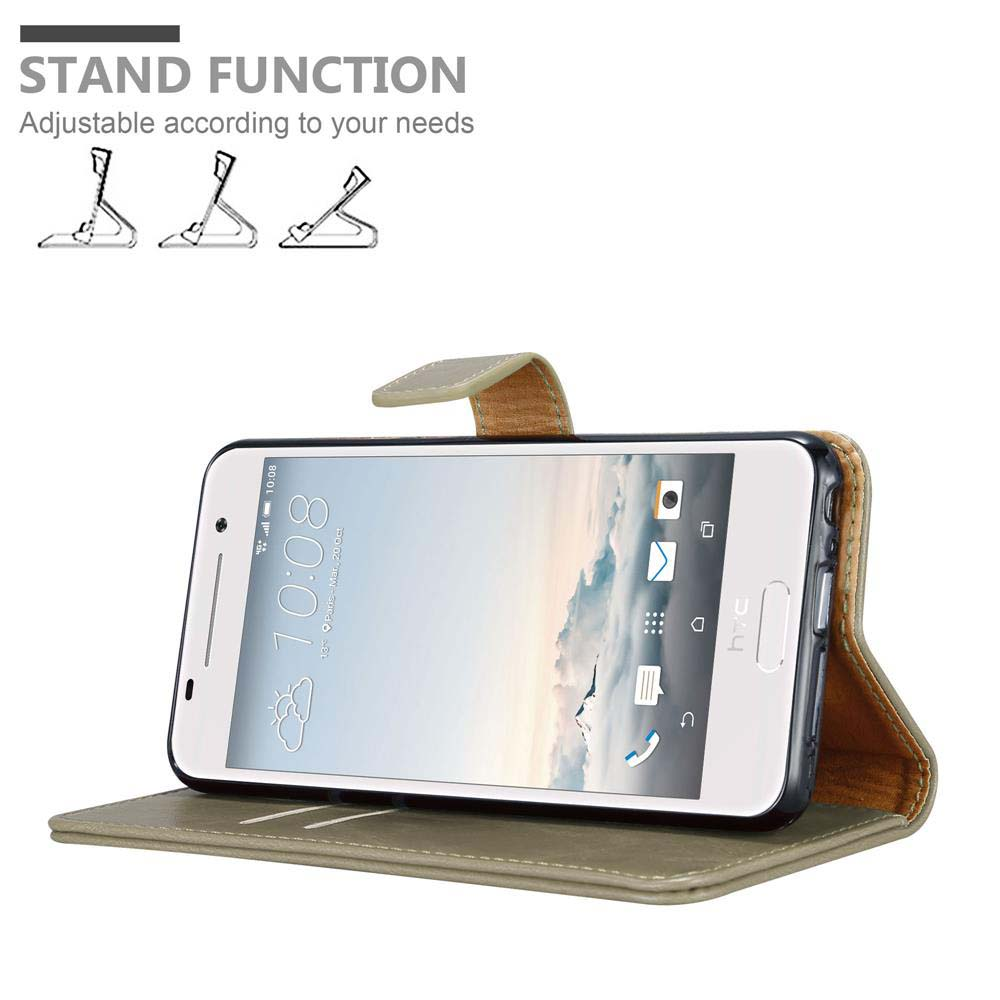 Funda de teléfono con función de soporte, abierta. Texto: Función de soporte.