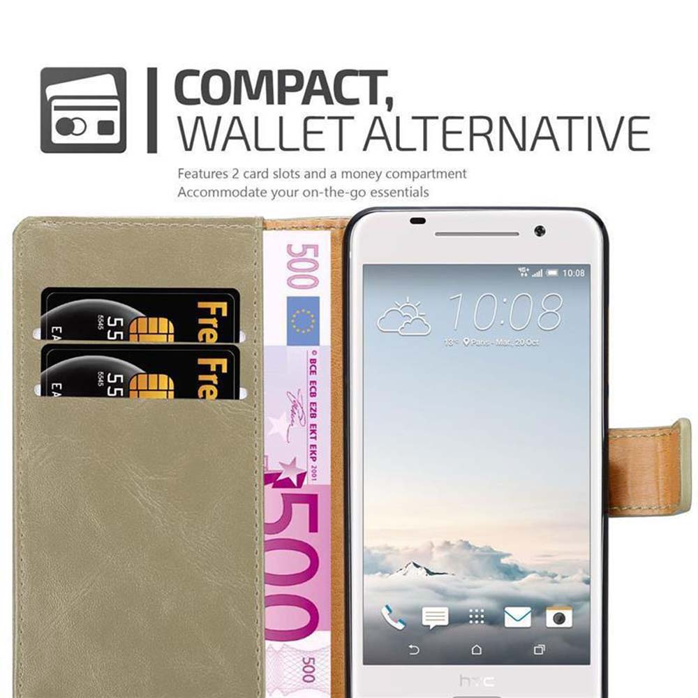 Teléfono en funda de cartera, con tarjetas y dinero visibles. El texto dice 'Compacto, alternativa de cartera'.