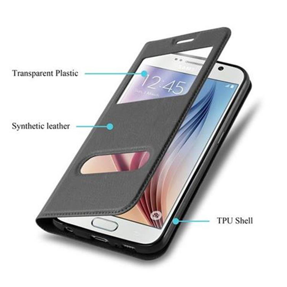 Custodia per telefono con plastica trasparente e pelle sintetica. Le etichette evidenziano le caratteristiche.