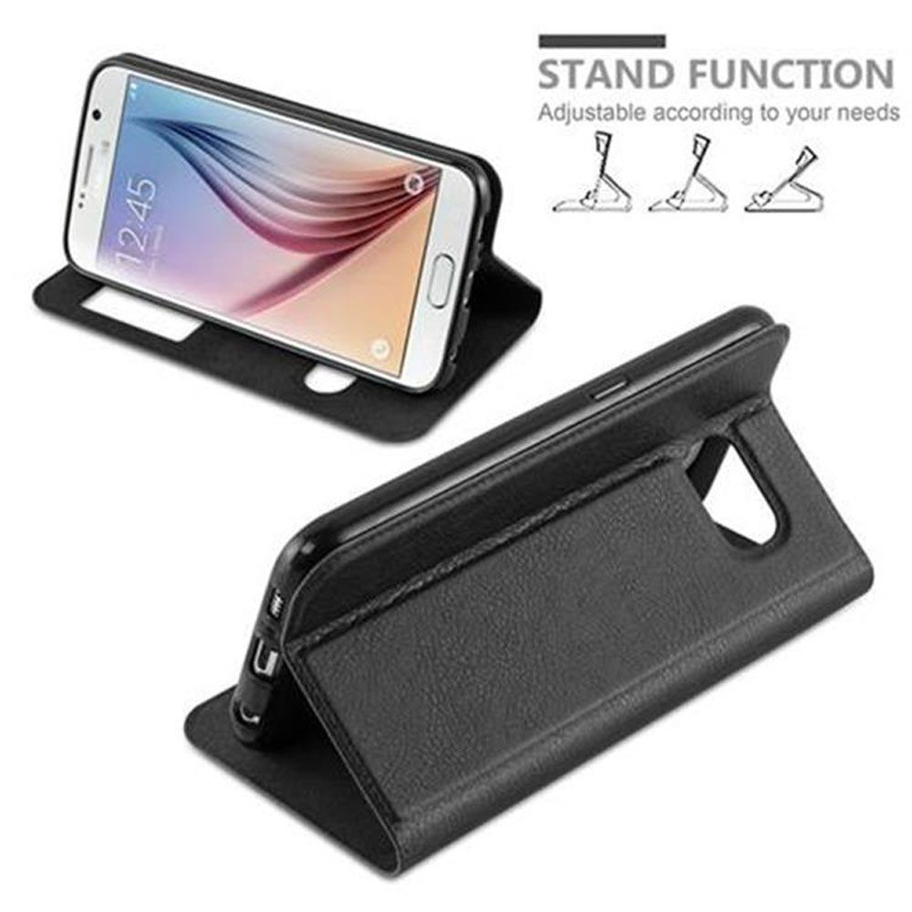 Custodia nera per telefono aperta, con telefono. Testo funzione stand e diagrammi sopra il telefono.