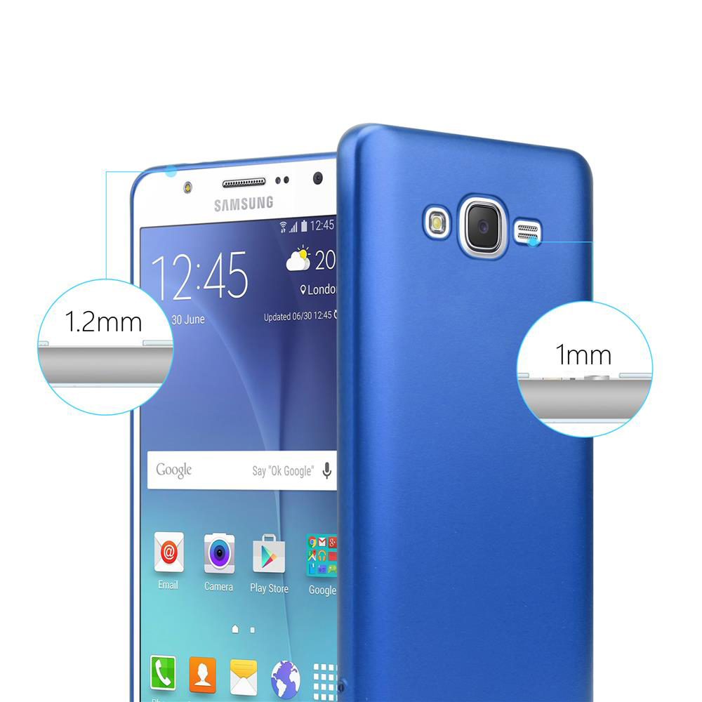 Blaue Handyhülle und Telefon mit Bildschirm. Telefondicke: 1,2 mm, Hülle: 1 mm. Samsung Telefon.