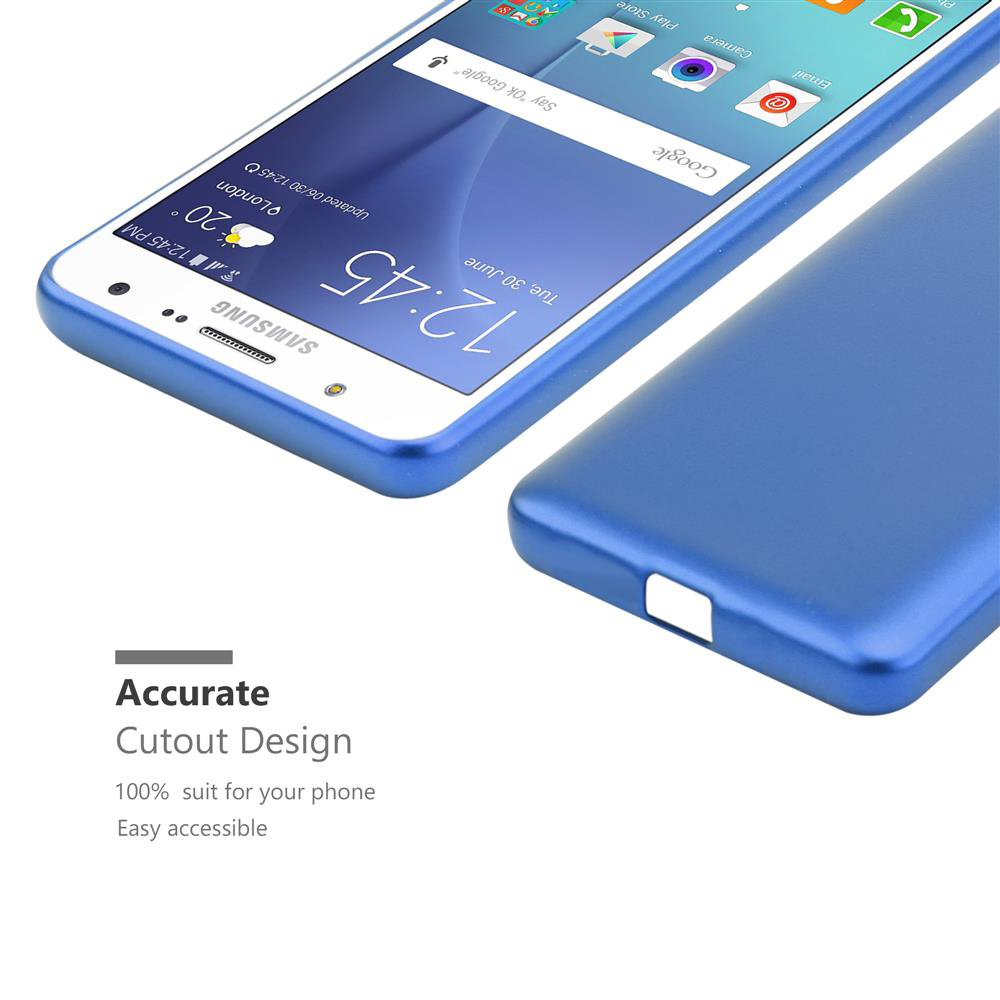 Eine blaue Handyhülle mit einem Telefon darin. Der Bildschirm zeigt Zeit und eine Benachrichtigungsleiste.