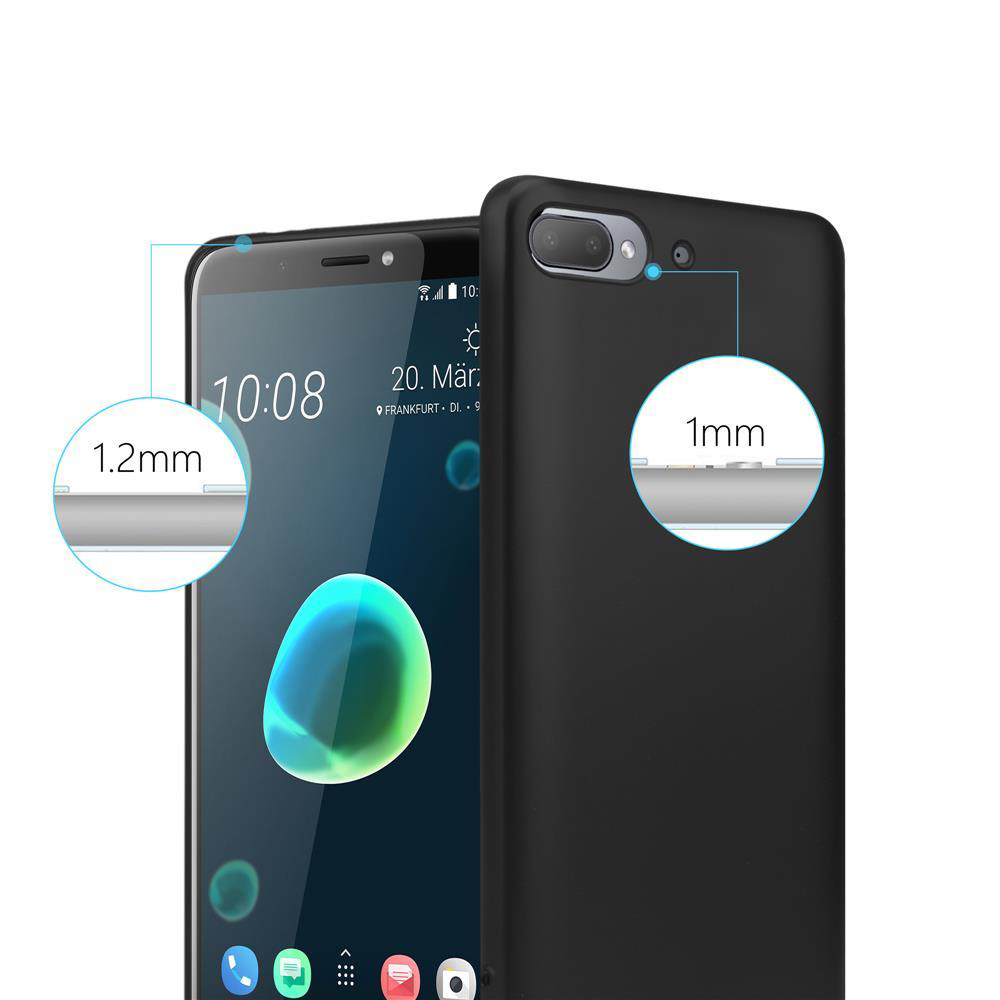 Telefon mit Hülle, schwarz, Seitenansicht mit Details zur Dicke von 1,2 mm und 1 mm.